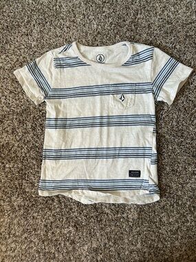 Volcom white  Tee with Blue Stripes and Pocket